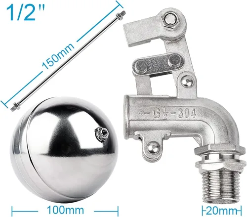 Vista 2 de Valve，Float Valve,Stainless Steel Floating Ball Float Valves, 1/2" 3/4" 1" 1-1/4" Water Tank Bend Elbow Floating Ball Valve, Adjustable Male Thread