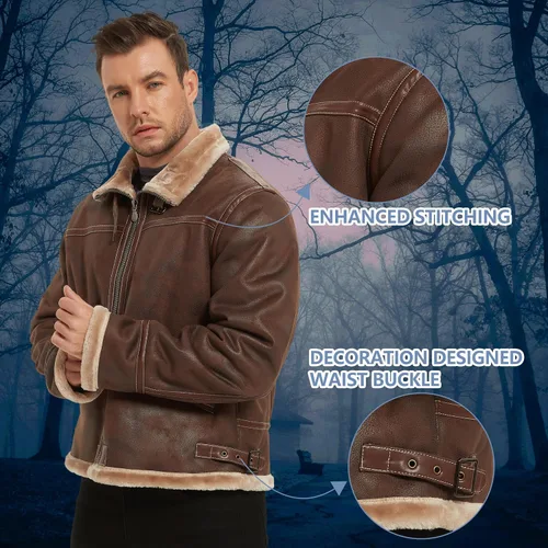Vista 5 de Chaqueta para hombre, chaqueta de cuero marrón, abrigo de bombardero para motocicleta, disfraz de cosplay, traje de invierno, XS-3XL