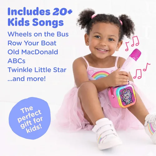 Vista 3 de Move2Play, Mini máquina de karaoke para niños Más de 20 canciones integradas Altavoz Bluetooth con micrófonos Efectos de voz Juguete musical