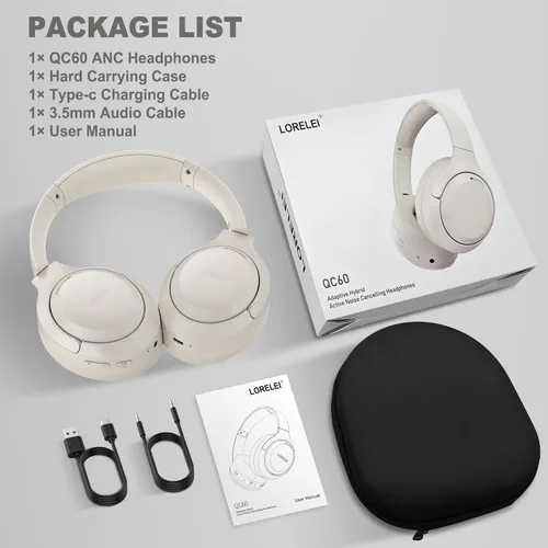Vista 6 de LORELEI QC60 - Auriculares híbridos con cancelación activa de ruido, auriculares Bluetooth inalámbricos sobre la oreja con micrófono, 60H