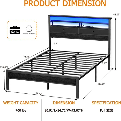 Vista 2 de Full Size Bed Frame with Headboard, 3-Tier Storage Shelves & 2 Fabric Drawers, Built-in Charging Station & RGB LED Lights, Metal Slat Support, No