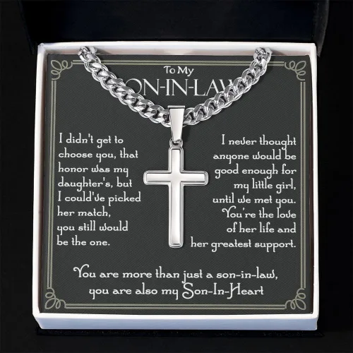 Vista 2 de Collar de cruz con texto en inglés "To My Son In Law de mamá, aniversario de boda de yerno, regalo de cruz de Navidad para yerno, collar de cruz
