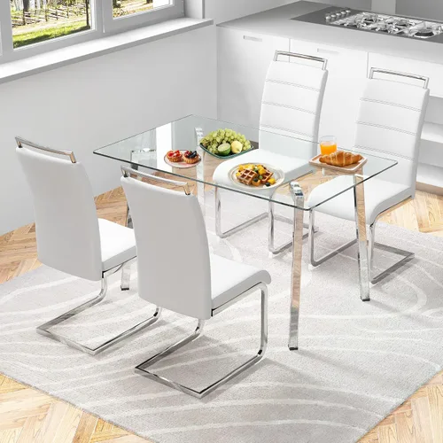 Vista 31 de Juego de mesa de comedor de cristal para 4, mesa rectangular con 4 sillas de cocina de cuero blanco, juego de comedor de cocina de 51 pulgadas, mesa