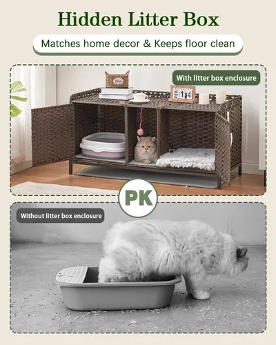 Vista 4 de SETVSON Caja de Arena para Gatos para 2 Gatos, Mueble Oculto de Caja de Arena con Alfombra, Casa Grande de Ratán para Gatos con Habitación Doble