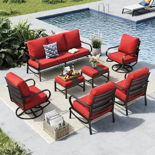 Vista 44 de MFSTUDIO Juegos de muebles de patio, sofás de conversación de metal para exteriores con 1 sofá de 3 asientos para jardín, cojín beige