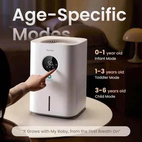 Vista 2 de Provirtec Humidificador evaporativo Pro Baby para dormitorio, sin niebla y sin polvo blanco, sin BPA y 16 dB, sueño silencioso para niños, 3 modos