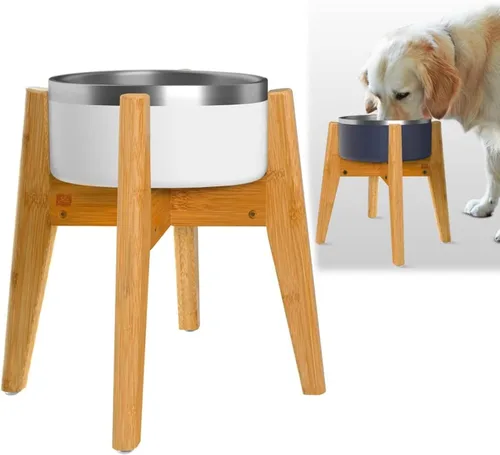 Vista 11 de Soporte para dispensadores de alimentos de agua para perros, adecuado para razas medianas, soporte de bambú para comederos automáticos elevados