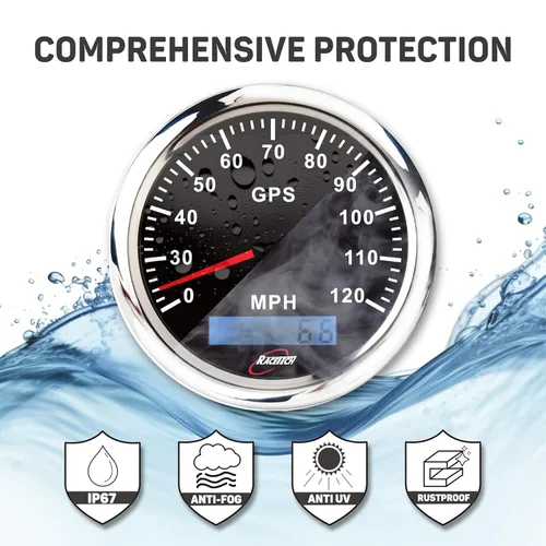 Vista 3 de RACETECH Juego de 6 instrumentos – Velocímetro GPS de 85mm (3-3/8") 120 MPH y Tacómetro 8000 RPM – 90° 52mm (2-1/16") Medidores de combustible, Negro