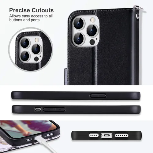 Vista 6 de ULAK Funda tipo cartera compatible con iPhone 15 Pro con tarjetero y diseño de flores, para mujeres y niñas, piel sintética, con función atril