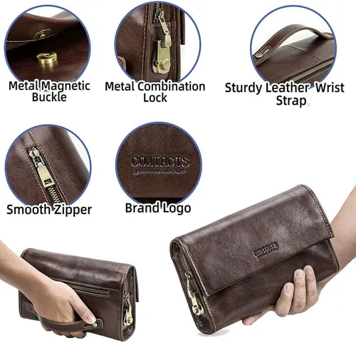 Vista 5 de Contacts Genuine Leather Mens Clutch Bag Code Lock Anti Theft Travel Clutch Wallet Clutches Organizer