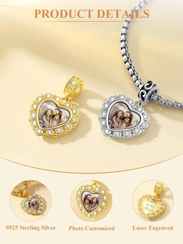 Vista 38 de Custom4U Photo Charms for Bracelets 925 Sterling Silver/Gold Plated Heart/Tree of Life/Round Charm Bead Personalized with Picture Custom