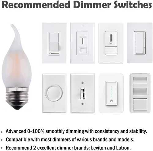 Vista 6 de Bombilla LED para candelabro, base común E26, 2 W regulable, punta de llama de carcasa de vidrio esmerilado, blanco cálido 2700 K, 200 lúmenes