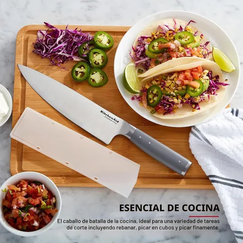 Vista 2 de KitchenAid Cuchillo de chef forjado gourmet con cubierta de hoja de ajuste personalizado, cuchillo de cocina afilado, hoja de acero inoxidable Gris