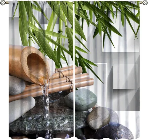 Vista 36 de Cortinas con estampado de bambú verde natural, plantas asiáticas, japonesas, tallos rústicos, hojas, cortina de selva con bolsillo para cortinero
