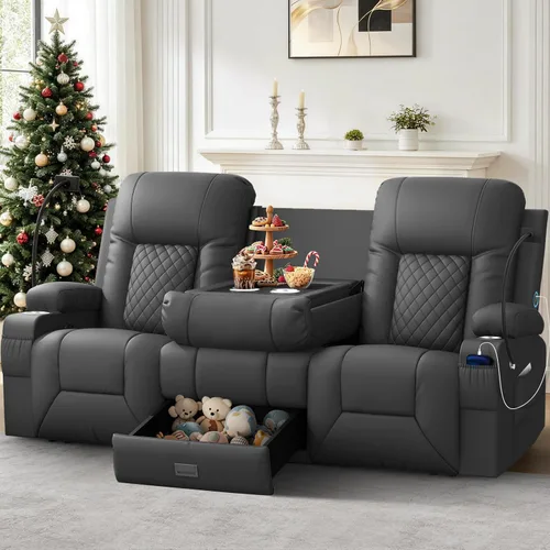 Vista 19 de YONISEE Juego de muebles de sala de estar, sofá biplaza reclinable de 2 plazas y silla reclinable giratoria de 360° con masaje, sofá reclinable