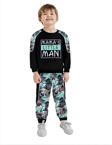 Vista 4 de KANGKANG Conjunto de sudadera de manga larga con estampado de letras para niños pequeños, conjunto de pantalones con estampado de dinosaurio