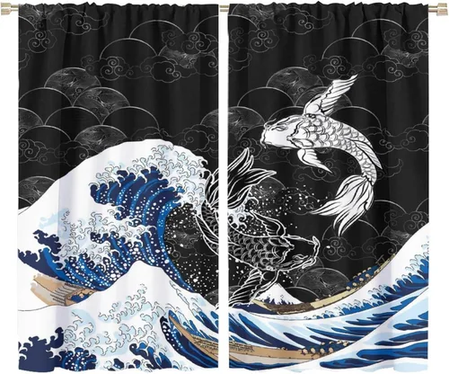 Vista 7 de Koi Fish - Cortinas opacas para cocina, estilo japonés, románticas, con estampado de flores de cerezo, con bolsillo para cortinero, cortinas opacas