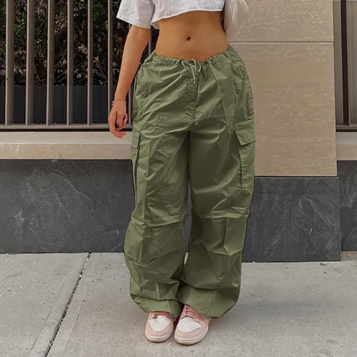 Vista 2 de Pantalones cargo para mujer con bolsillos, casuales, sueltos, con cordón, holgados, cintura baja, pantalones de hip hop, pantalones deportivos Y2k