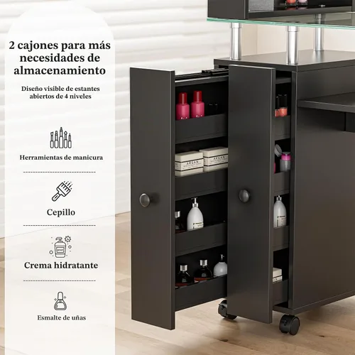 Vista 3 de Mesa de manicura con parte superior de vidrio para tecnología de uñas, estación de escritorio resistente a acetona con cajones de almacenamiento