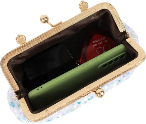 Vista 4 de Mini bolso de noche con lentejuelas con purpurina para mujer, bolso de mano de metal con asa superior, correa de cadena, bolso cruzado