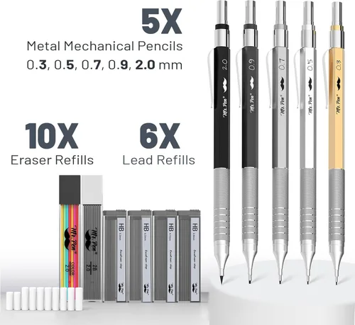Vista 2 de Mr. Pen - Juego de lápices mecánicos de metal con recambios de plomo y borradores, paquete de 5 5 Sizes, 0.3, 0.5, 0.7, 0.9 & 2mm, 6x Tubes HB