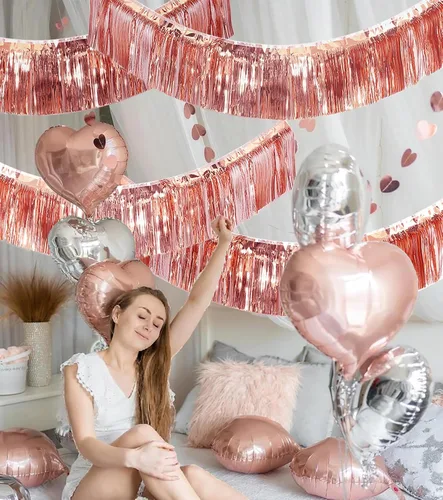 Vista 7 de Guirnalda de oropel con flecos de oro rosa de alta calidad para decoraciones de fiesta, 4 capas de grosor, paquete de 2 unidades, pancarta metálica