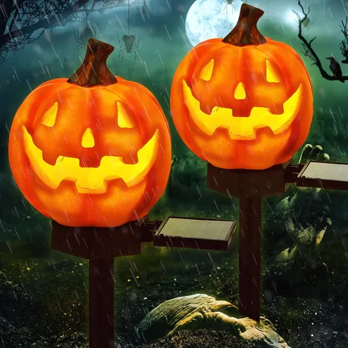 Vista 7 de Retisee - 2 luces solares de Halloween, luces solares de calabaza, linterna púrpura y anaranjado