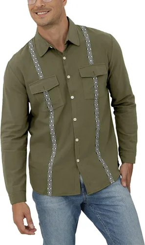 Vista 2 de YawYews Mens Guayabera Shirts Cuban Mexican Style Linen Beach Button Down Shirts with Pocket
