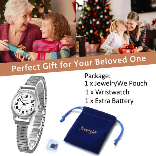 Vista 4 de JewelryWe Reloj elástico para mujer, fácil lectura, analógico, de cuarzo, banda elástica para el día de San Valentín