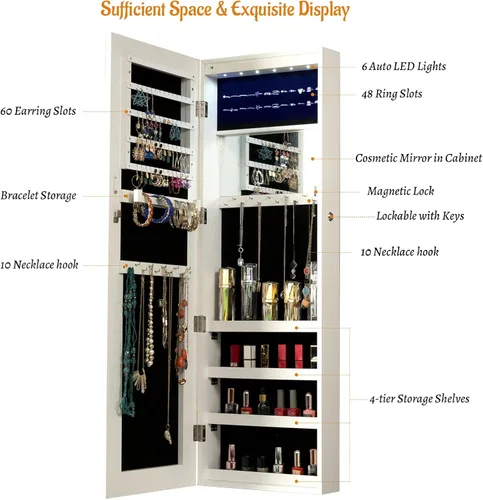 Vista 2 de KEDLAN Organizador de joyas, espejo iluminado de longitud completa con armario de joyería, joyero LED montado en la paredpuerta para mujeres