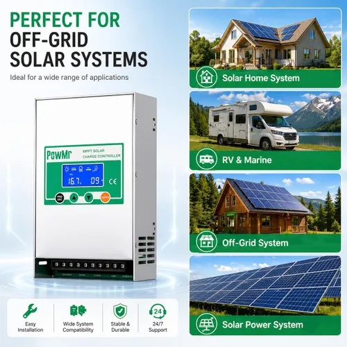 Vista 6 de PowMr Controlador de carga solar MPPT de 100 A, 12 V/24 V/36 V/48 V, entrada máxima de 150 VCC, controlador de carga solar con retroiluminación LCD