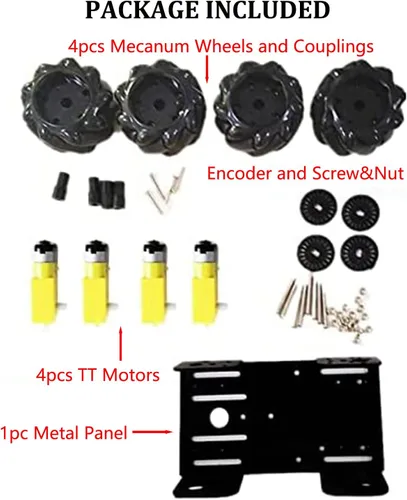 Vista 6 de MC100 4WD Mecanum Wheel Chasis de coche con motor TT, kit de coche inteligente de control remoto con rueda omnidireccional de 2.362 in para Negro