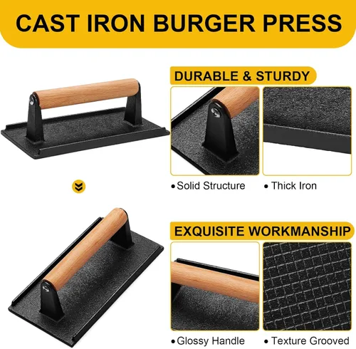 Vista 2 de AIVIKI - Prensa para hamburguesas, prensa para hamburguesas Smash para plancha Blackstone, hierro fundido resistente rectangular de 8.2x4.2 pulgadas