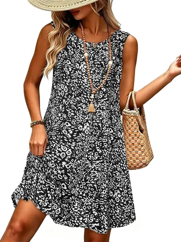 Vista 41 de elescat Vestidos de verano para mujer 2025, vestido casual de playa sin mangas con estampado floral, tipo camiseta, suelto y con bolsillos