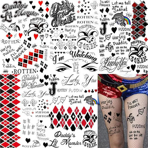 Vista 11 de VANTATY 5 hojas de tatuajes temporales 3D de Halloween Joker para hombres, mujeres y adultos, gótico, estilo de Halloween, impermeable, patrón de A
