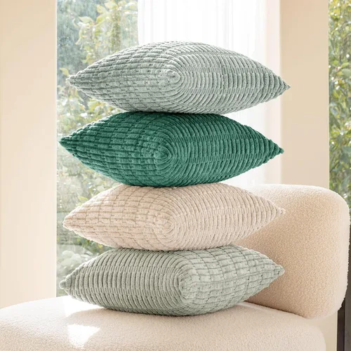 Vista 4 de Juego de 4 fundas de almohada decorativas de pana de 16 x 16 pulgadas, beige y verde Fundas de almohada suaves a rayas estilo bohemio moderno