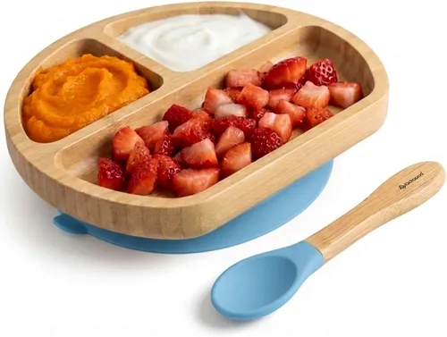 Vista 13 de Abiie Octopod Bamboo Dish & Spoon - Plato de succión para bebé - 4 meses y más - Azul 3-Compartment Round Kids Plate, High Chair Accessories