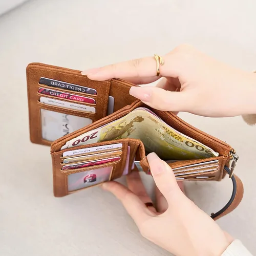 Vista 5 de Cartera pequeña de cuero vegano para mujer, billetera plegable y compacta con bolsillo para monedas con cremallera, Negro, Moderno