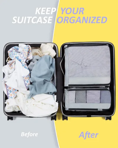 Vista 2 de BAGSMART - Juego de 7 cubos de embalaje para maletas esenciales de viaje, juego de bolsas organizadoras ligeras con bolsa de zapatos, cubos de viaje