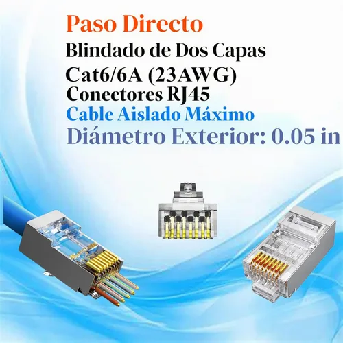 Vista 3 de Gaobige 100-Pack de conectores de paso RJ45 Cat6 Cat6A, conectores blindados de 1.2mm para cable sólido de 23AWG y cable estándar