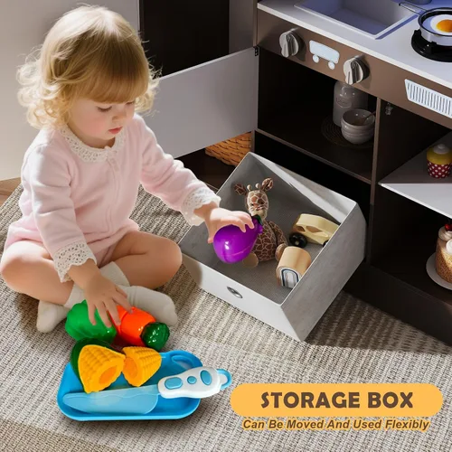 Vista 8 de JOYDIAS - Juego de cocina para niños, juego de cocina de madera con sonido y luz, horno, máquina de hielo, pizarra y caja de almacenamiento