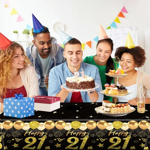 Vista 36 de Uiorgui 2 piezas mantel de cumpleaños número 18, mantel de cumpleaños número 18 negro dorado para niños y niñas, mantel de plástico rectangular
