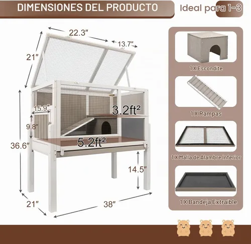 Vista 4 de Jaula grande de madera para conejillos de indias con 4 patas desmontables