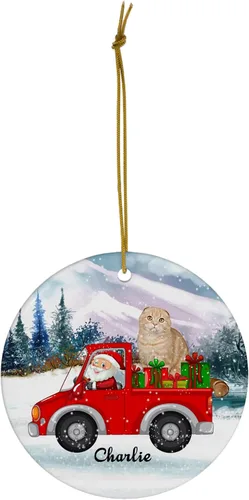 Vista 2 de Papá Noel en camión rojo con concha, camafeo escocés plegable gato, adorno de Navidad con nombre personalizado, adorno de Navidad 2024, círculo
