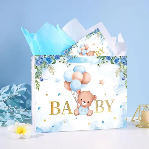 Vista 3 de Plauthus Bolsas de regalo grandes para bebé de 13 pulgadas con papel de seda y tarjeta de felicitación (oso de balón y floral), bolsas de regalo