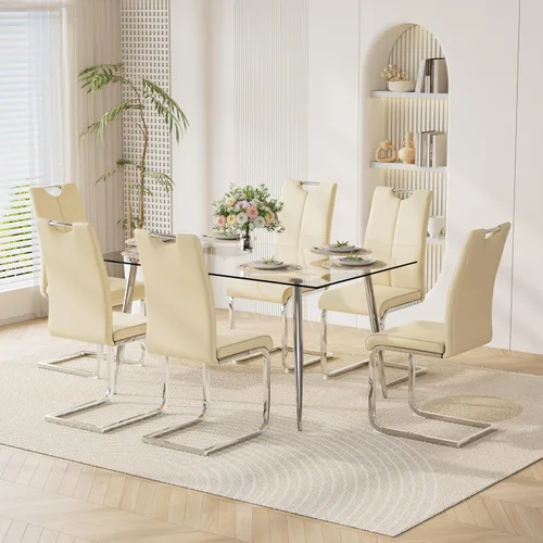 Vista 21 de Juego de mesa de comedor moderno de 51 pulgadas para 4 mesas rectangulares de cristal con 4 sillas tapizadas de cuero, asientos 4 ideales para Beige