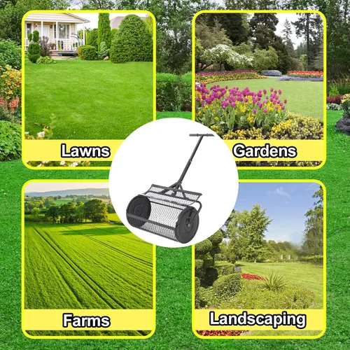 Vista 2 de Esparcidor de compost, rodillo esparcidor de estiércol de turba de 24 pulgadas con mango ajustable en forma de T, esparcidor de malla metálica