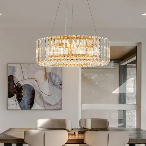Vista 10 de Lingkai Candelabro de Cristal Moderno de 15.8" Cromado Redondo Semi Empotrado Luminaria de Techo Candelabro para Sala de Estar Comedor Dormitorio