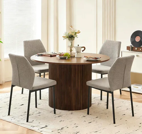 Vista 40 de Juego de mesa de comedor para 4, mesa de comedor rectangular irregular de madera moderna, sillas de comedor de cuero, 4 mesas y sillas, juego de 4