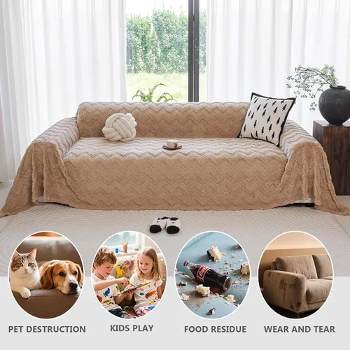 Vista 4 de Funda de sofá de forro polar Sherpa para sofá de 3 cojines, marrón, 71" x 150" - Fundas de sofá a prueba de mascotas de servicio pesado resistentes